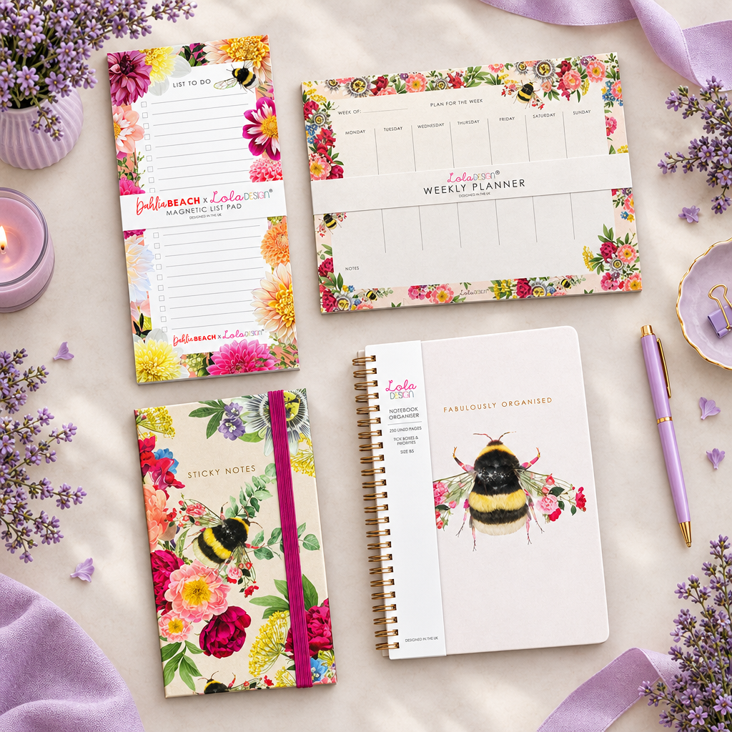 Bee in Bloom collection image with four products on a desk