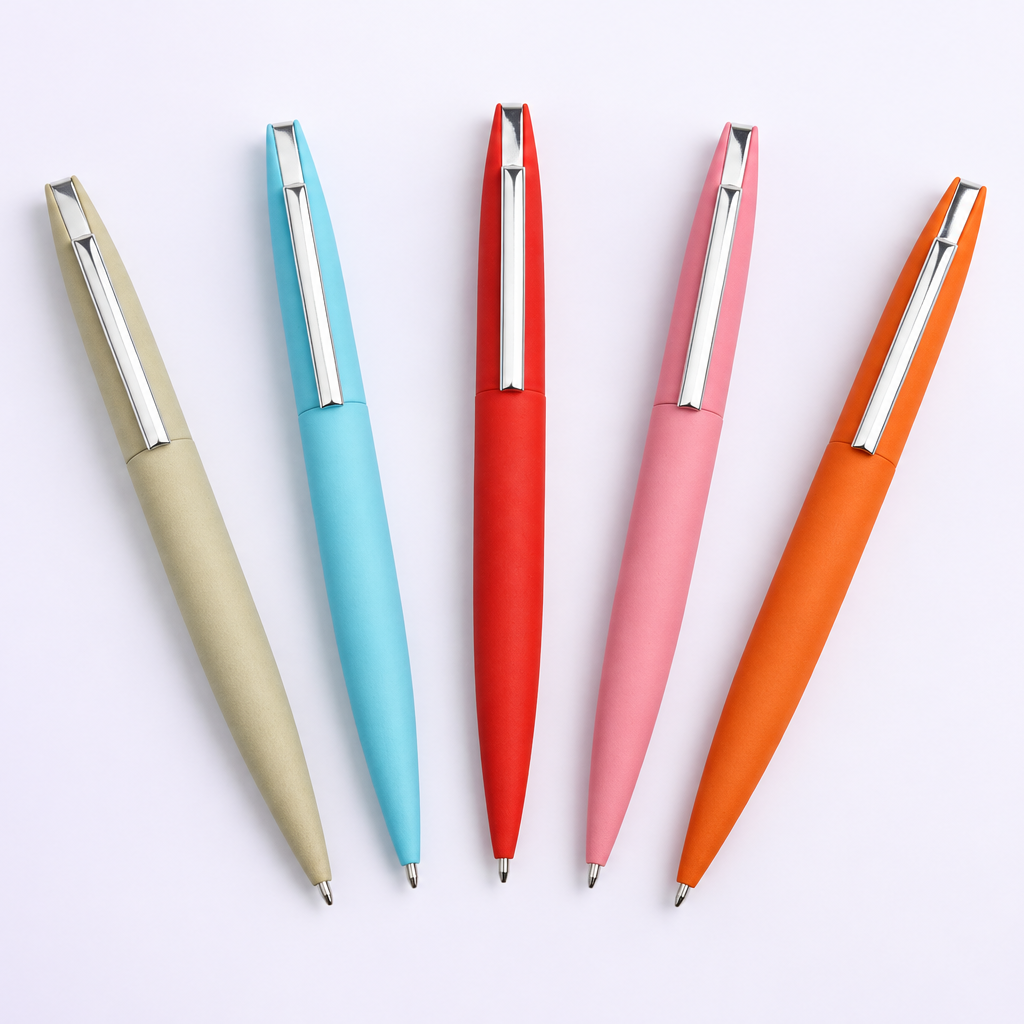 Five pen colours arranged together on a pale lilac background