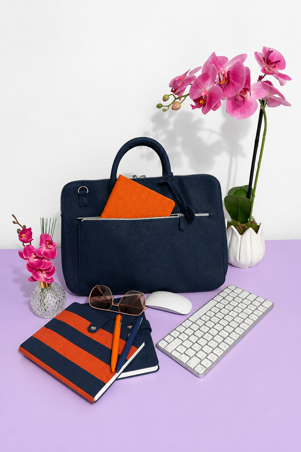 Shop collection photo with a lilac desk and white background