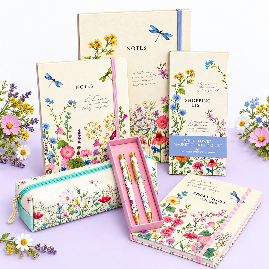 Wild Flower stationery on a lilac desk with a white background