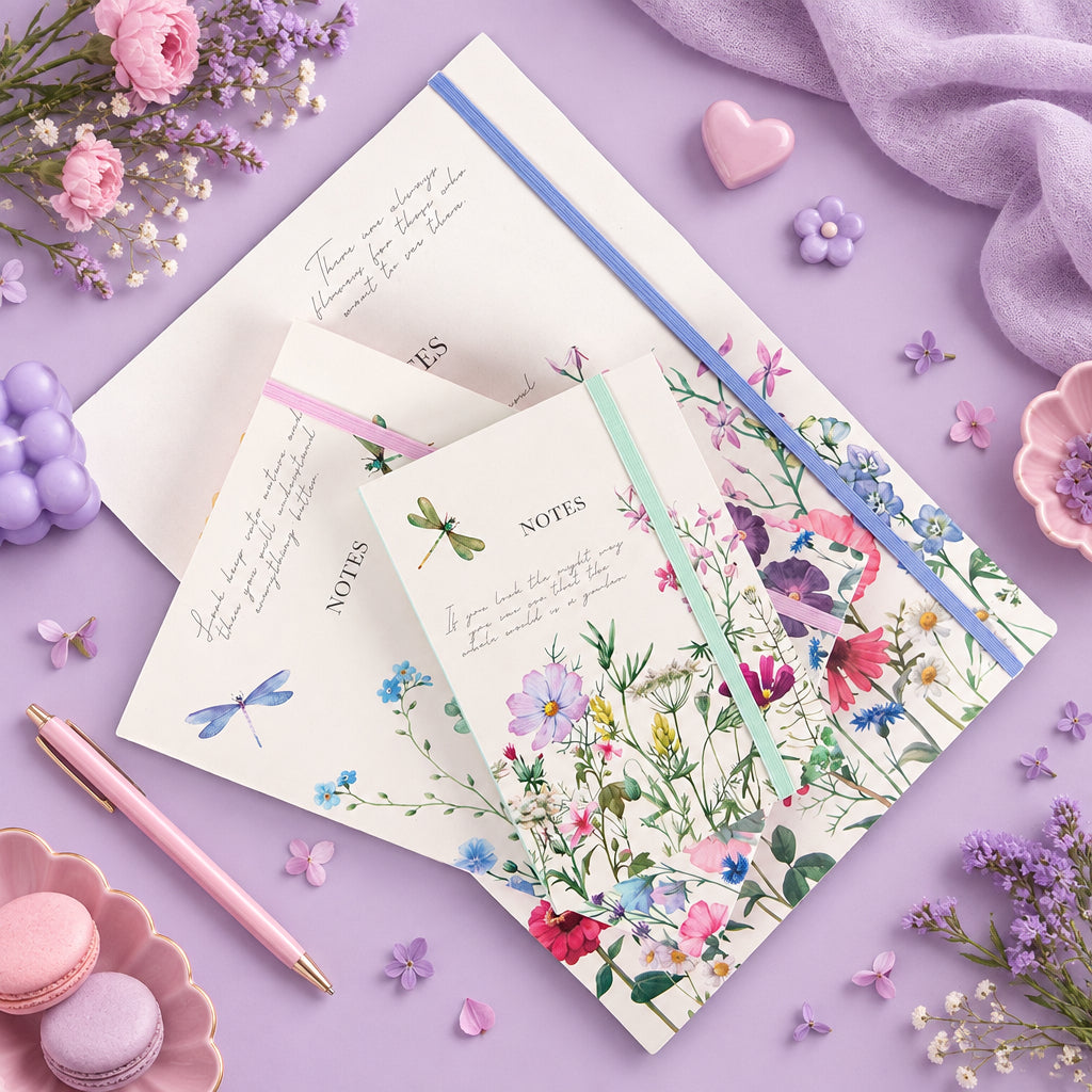 Wild Harmony A6 notebook with a cream floral and dragonfly cover and mint-green elastic closure, arranged on a lilac background with floral papers, pink petals and ribbon.⠋

