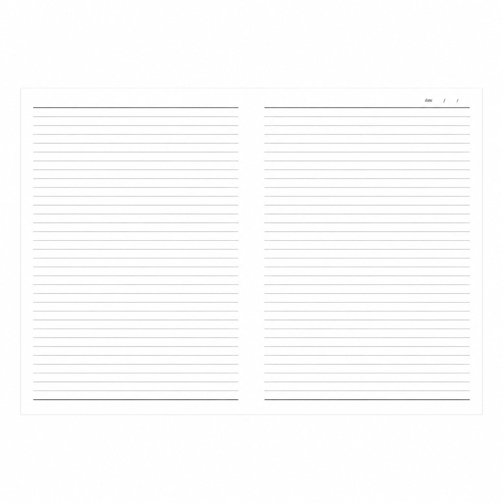 Open Wild Harmony A4 notebook showing lined white pages and a date field on the right-hand page, on a white background.