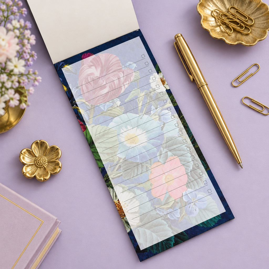 A floral notepad with lined writing pages and a checklist layout, shown open on a light gray background.