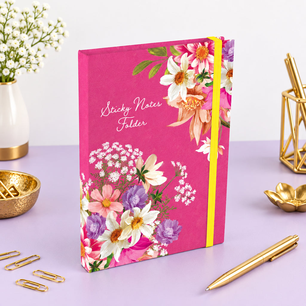 Floral sticky notes folder with a pink background