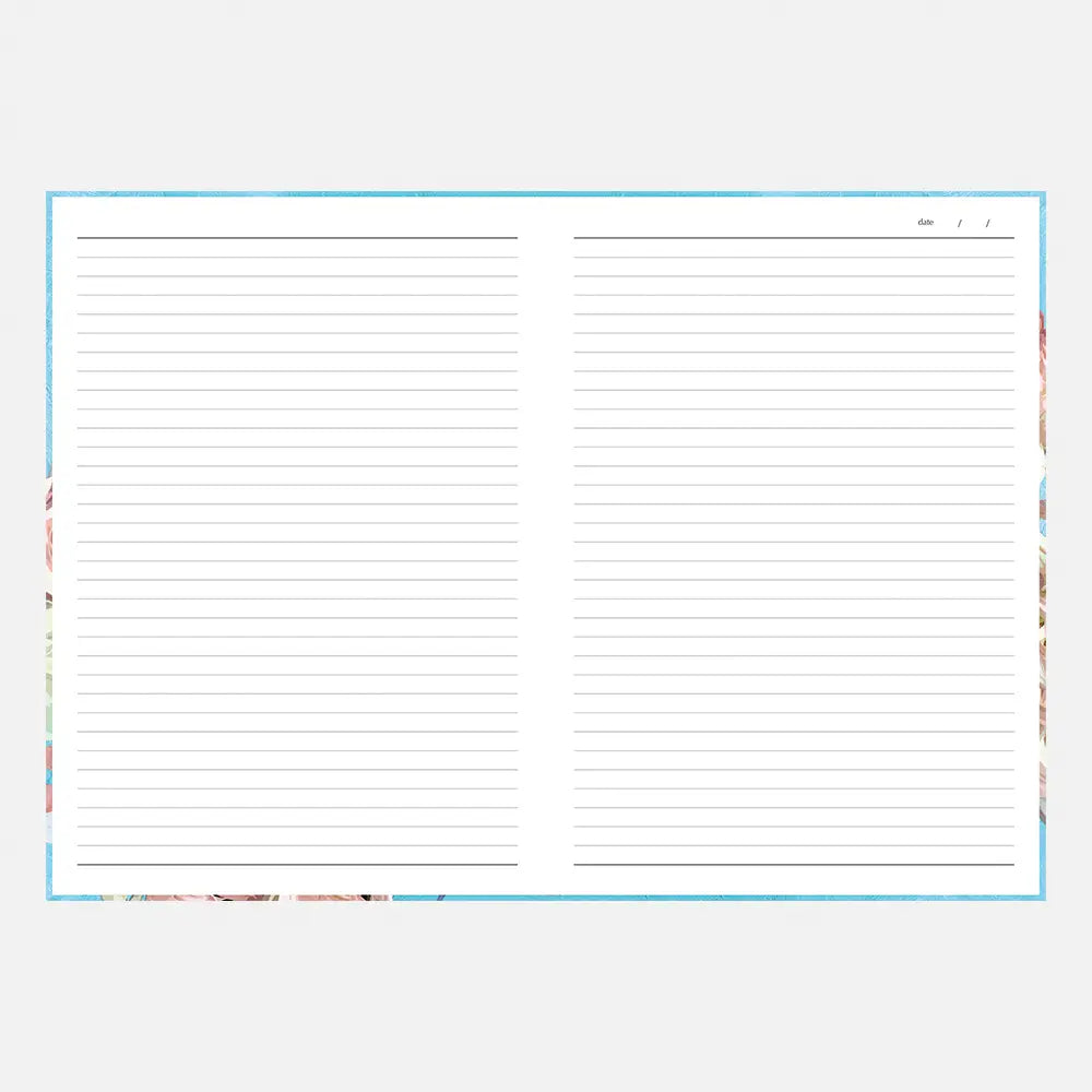 A lined notepad page with two columns of horizontal lines, a light blue border, and small multicolor floral accents along the left and right edges, shown on a light gray background.