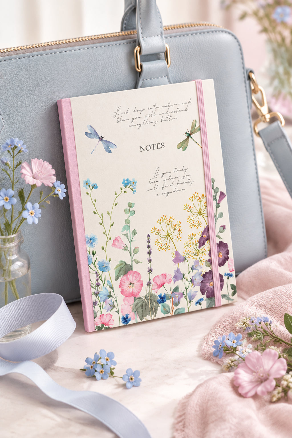 Notebook with floral design and dragonflies on a white background