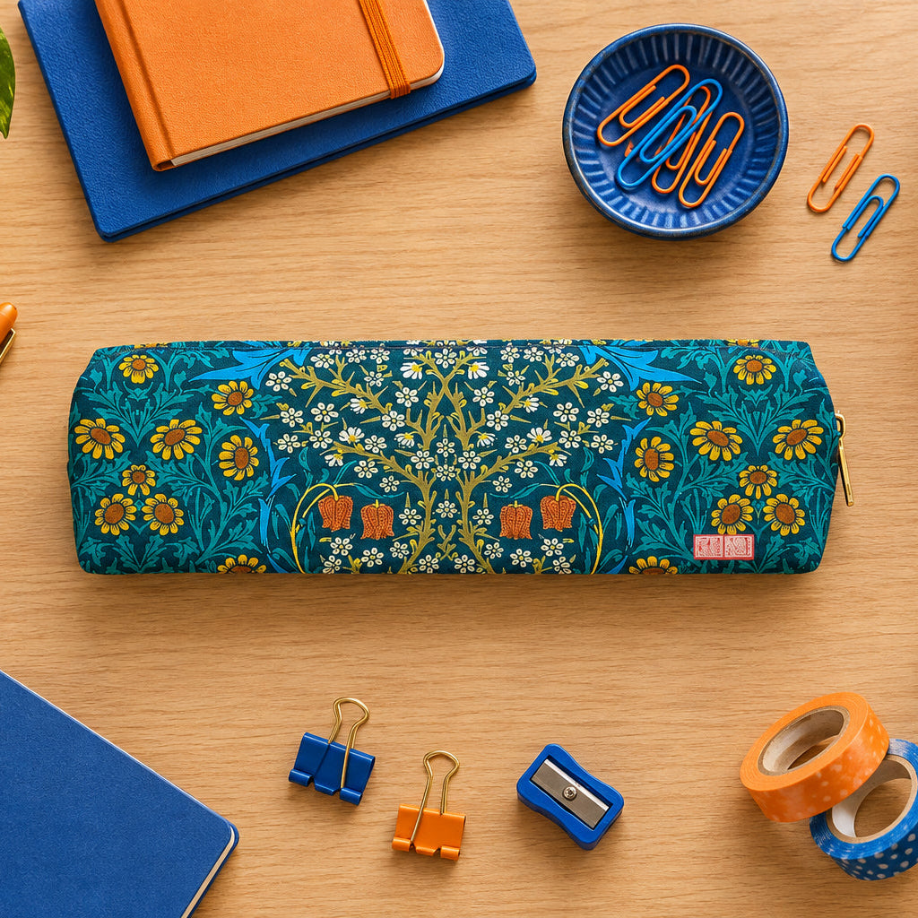 Heritage floral teal canvas pencil case.
