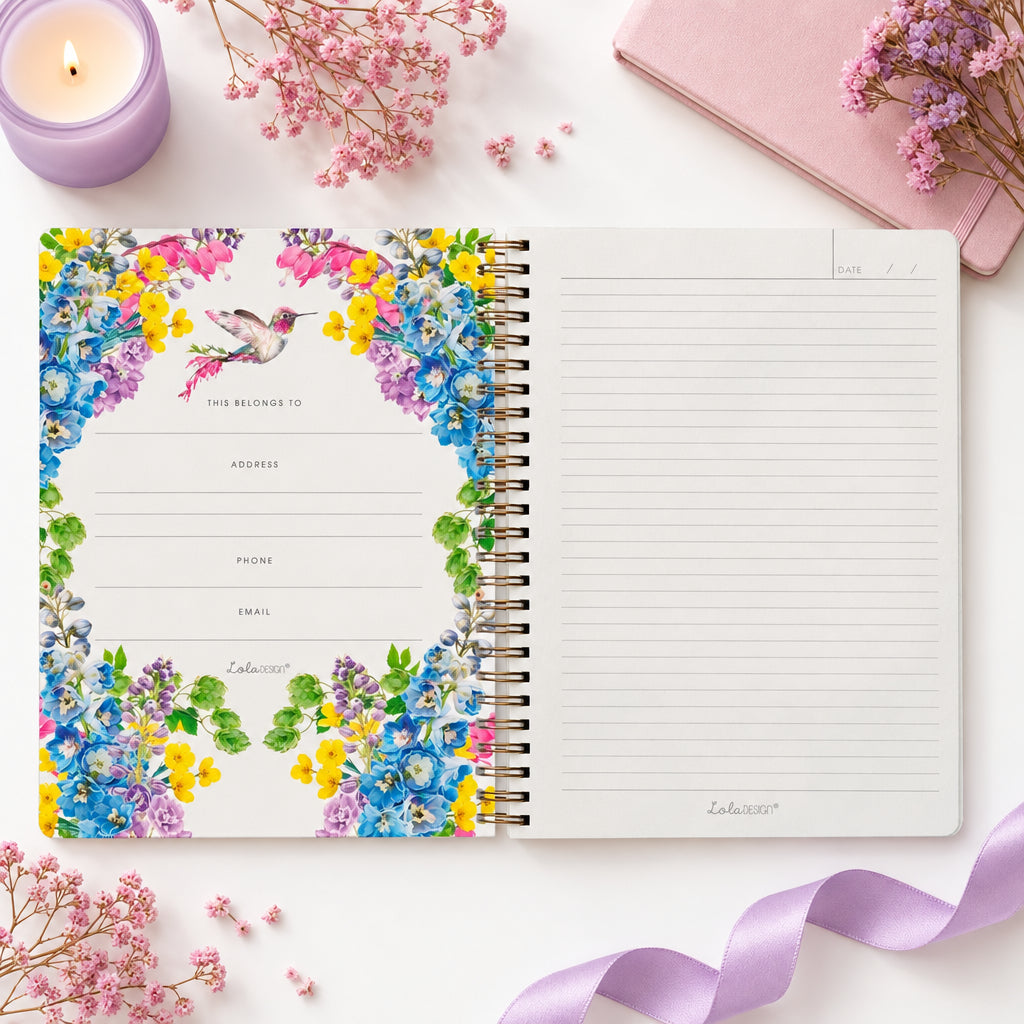 Botanical Hummingbird B5 spiral organiser notebook.