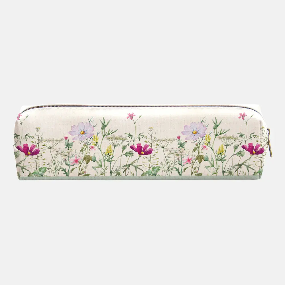 A rectangular zippered pencil case with a cream background and a delicate botanical pattern featuring pink, purple, and green wildflowers, shown against a light gray background.