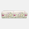 A rectangular zippered pencil case with a cream background and a delicate botanical pattern featuring pink, purple, and green wildflowers, shown against a light gray background.