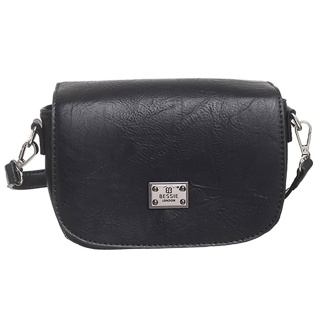 Black crossbody bag with a flap-over front and silver-tone plaqueplaque.