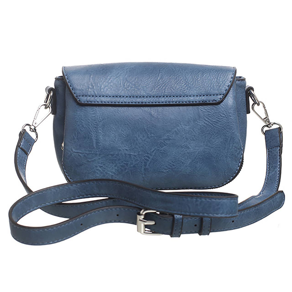 Rear view of a blue crossbody bag with an adjustable shoulder strap and silver-tone buckle.