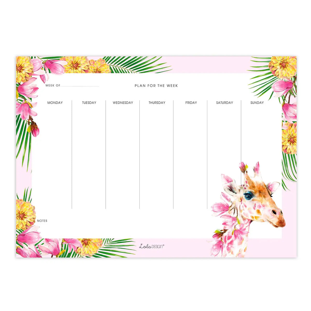 A weekly planner pad with a tropical giraffe and floral design. The planner has a light pink border decorated with yellow flowers, green palm leaves, and a watercolor giraffe wearing pink flowers on the bottom right.