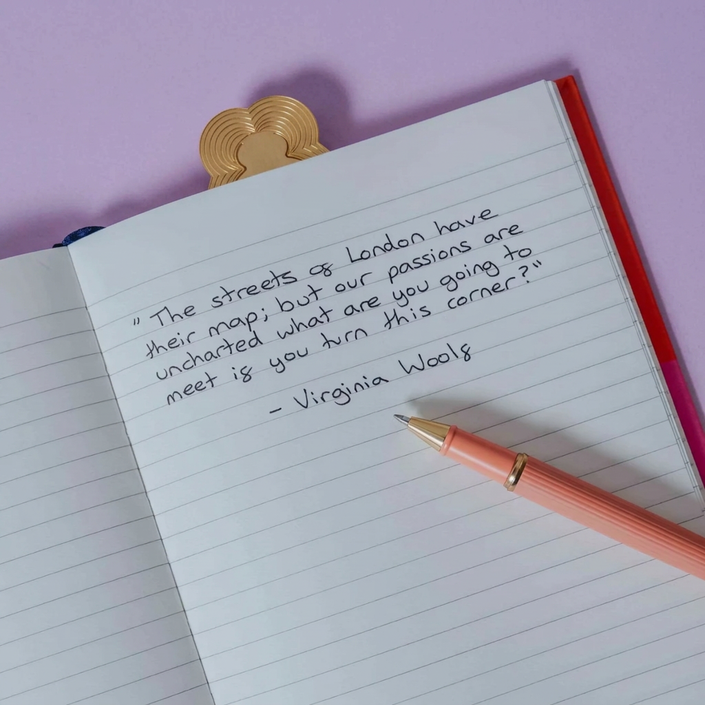 Notebook with a quote by Virginia Woolf and a pen on lilac surface