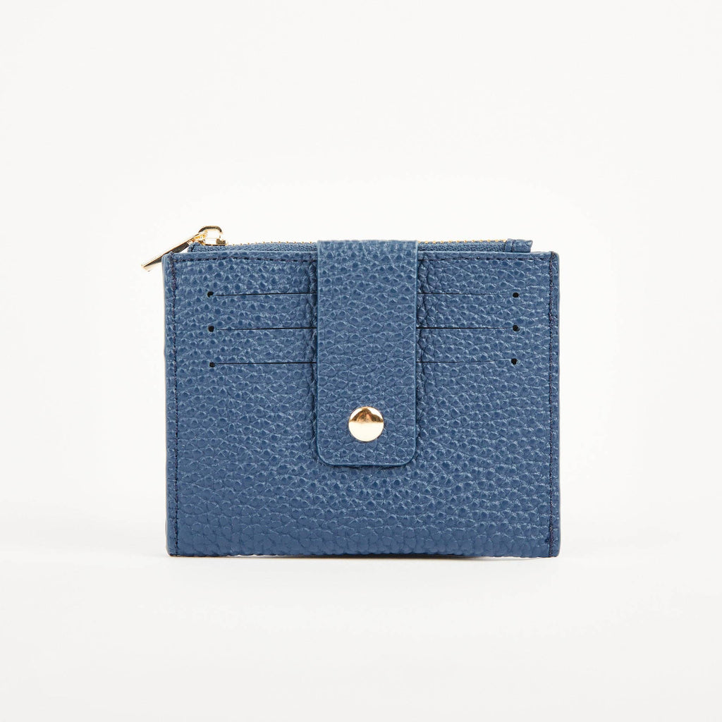Navy Pearl Duo purse with front card slots, a press-stud security tab and gold-tone zip