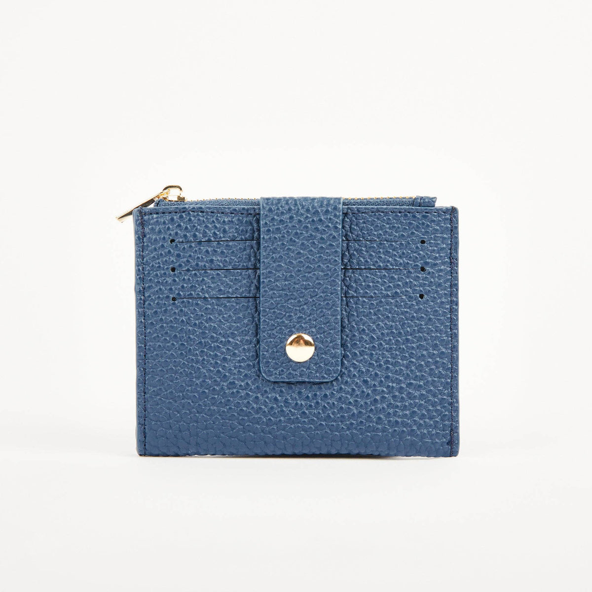 Navy Pearl Duo purse with front card slots, a press-stud security tab and gold-tone zip