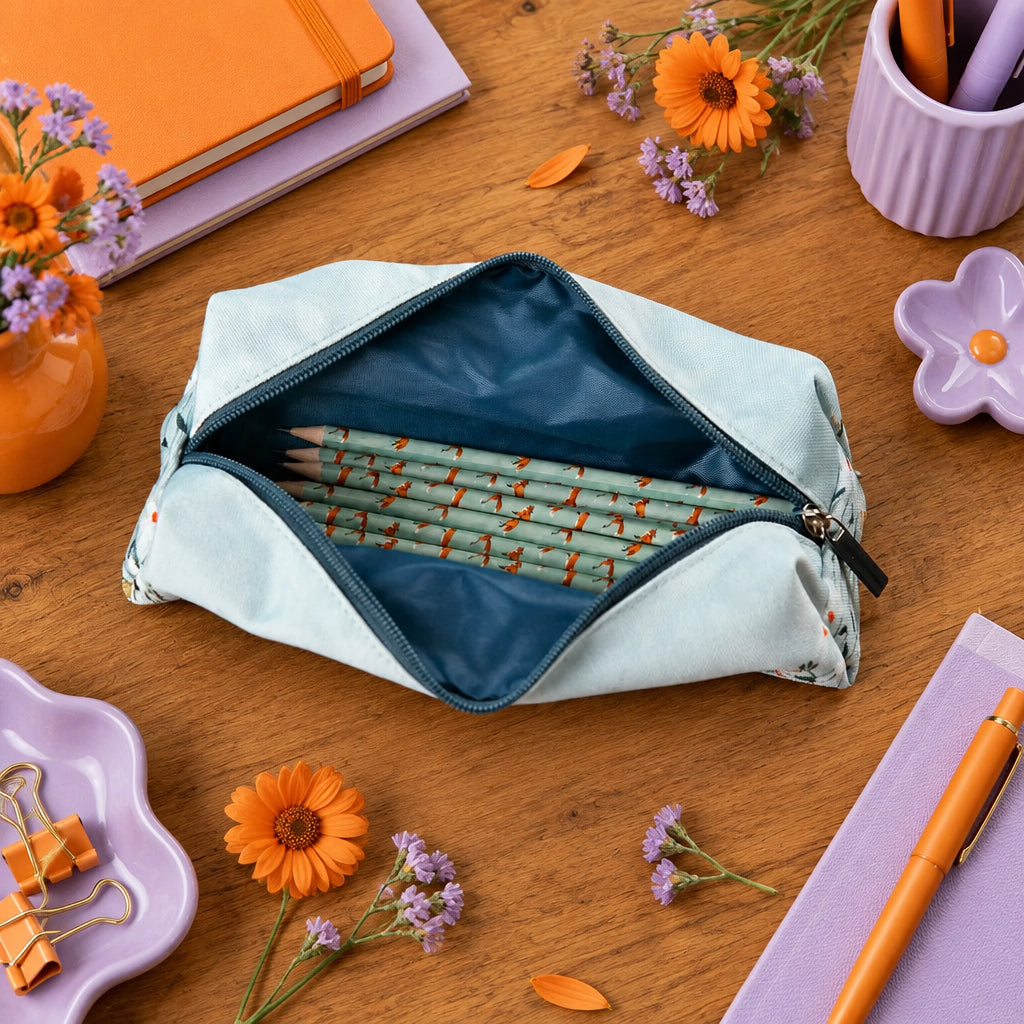 A light blue fabric pencil pouch with a floral print, shown open on a wooden table. A person's hands are visible holding the pouch open, revealing a dark blue interior lined with pencils.