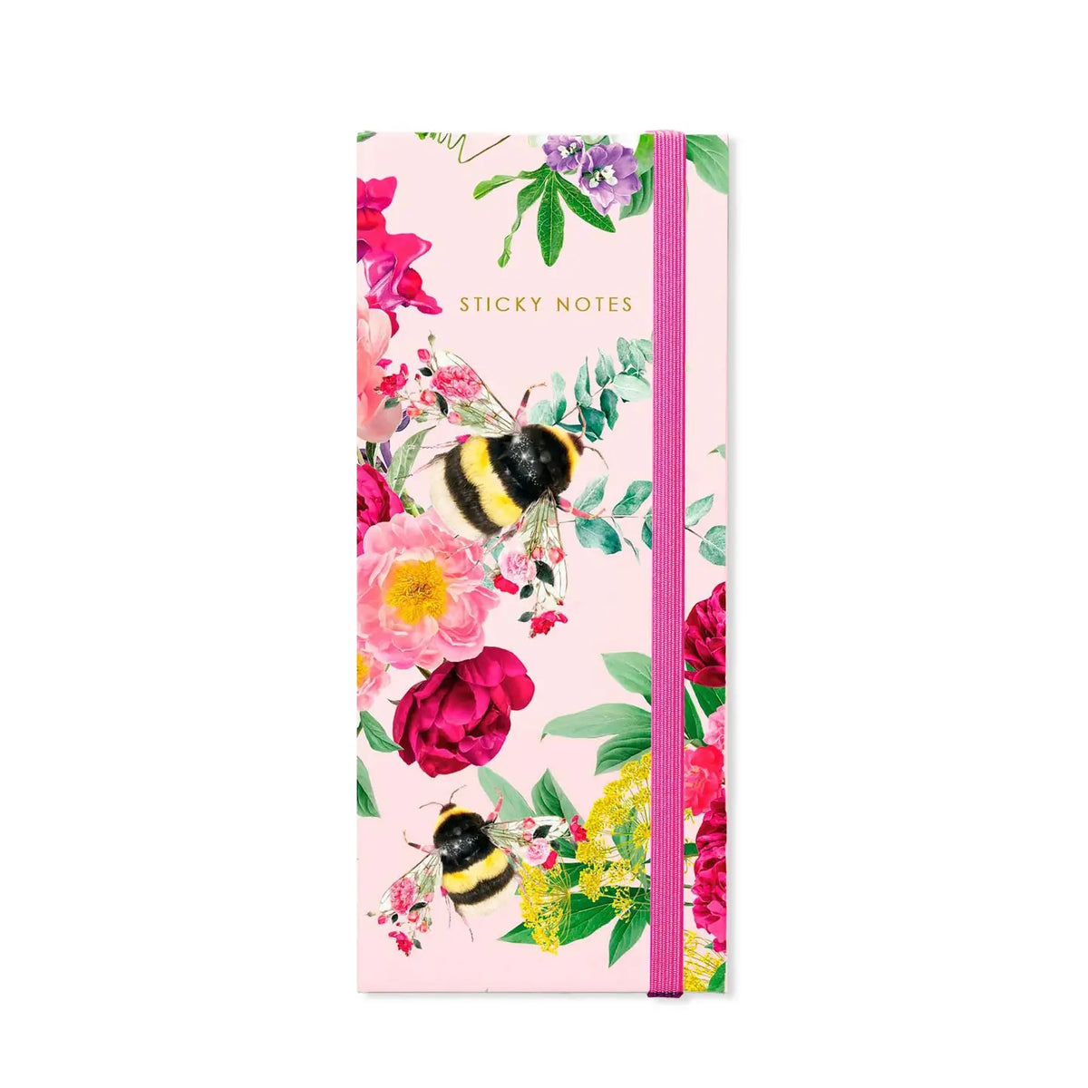 Sticky notes with floral design and bees on a pink background