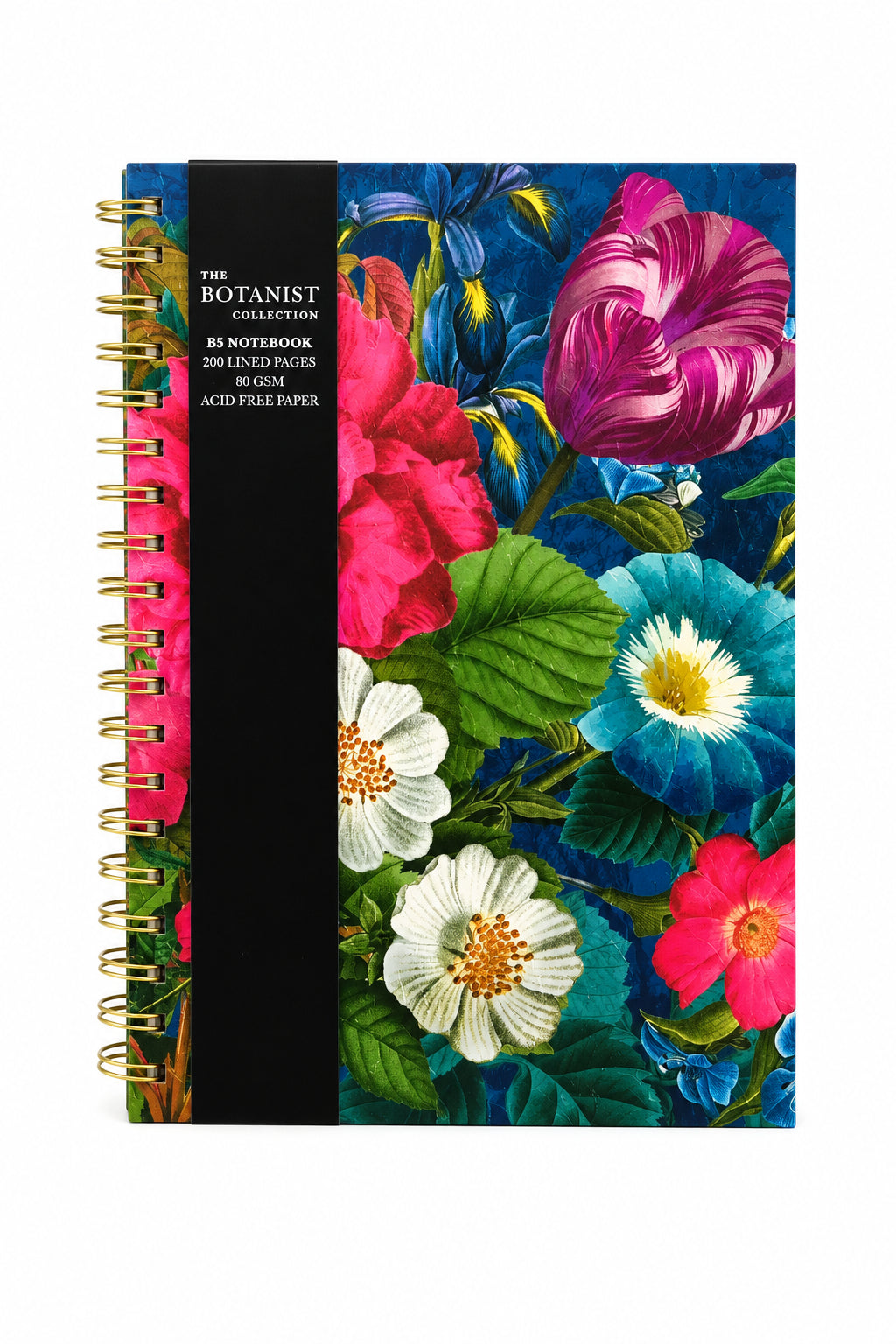 Botanist Collection B5 spiral notebook with a colourful floral cover, gold-tone wire binding and a black label band