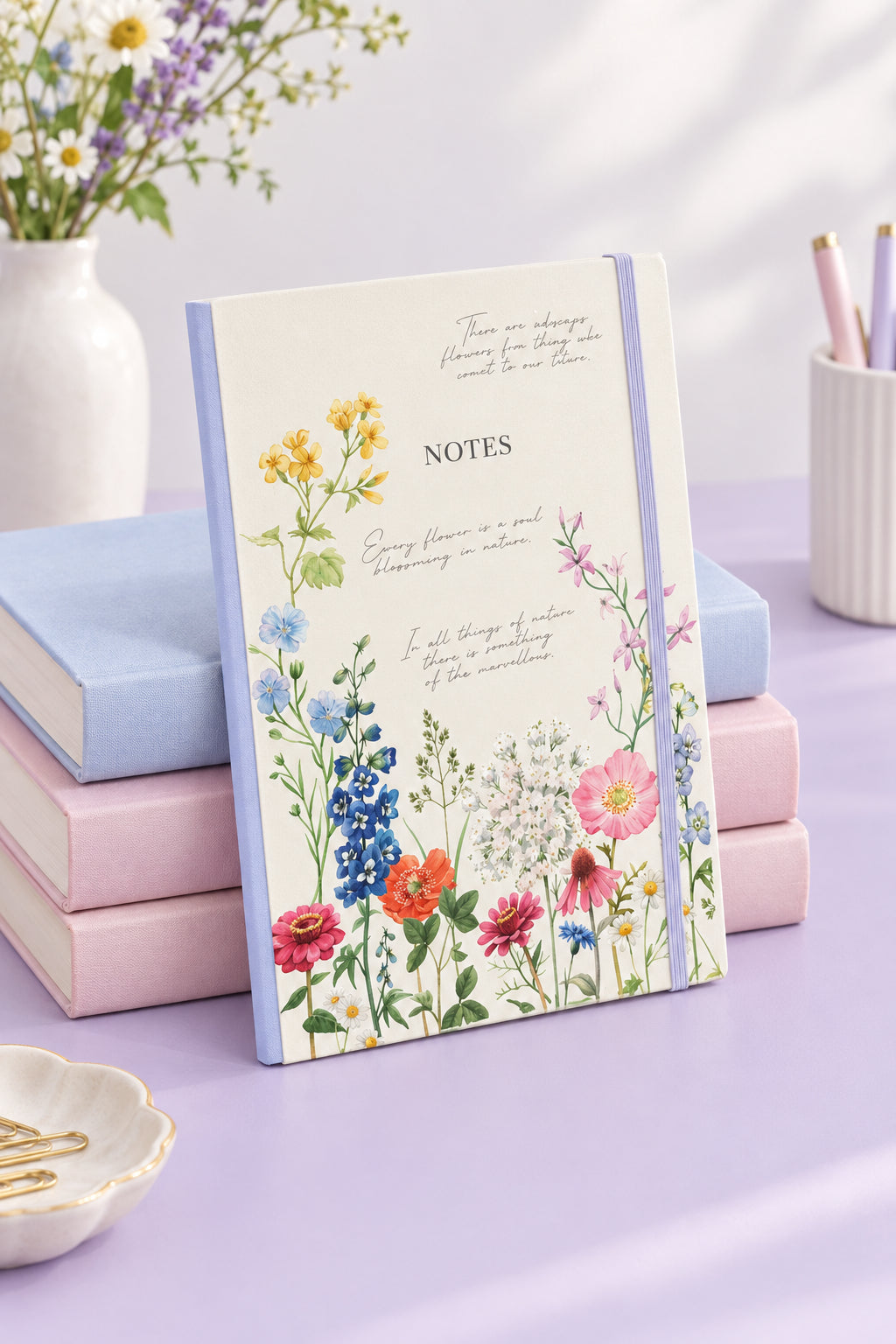 Notebook with floral design and 'NOTES' text on a white background