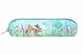 Pencil case with a rabbit and floral design on a light blue background
