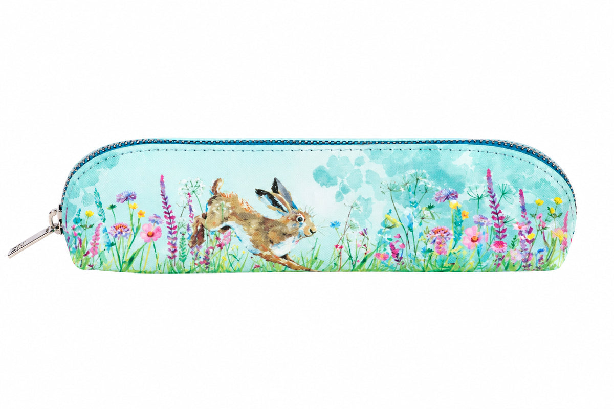Pencil case with a rabbit and floral design on a light blue background