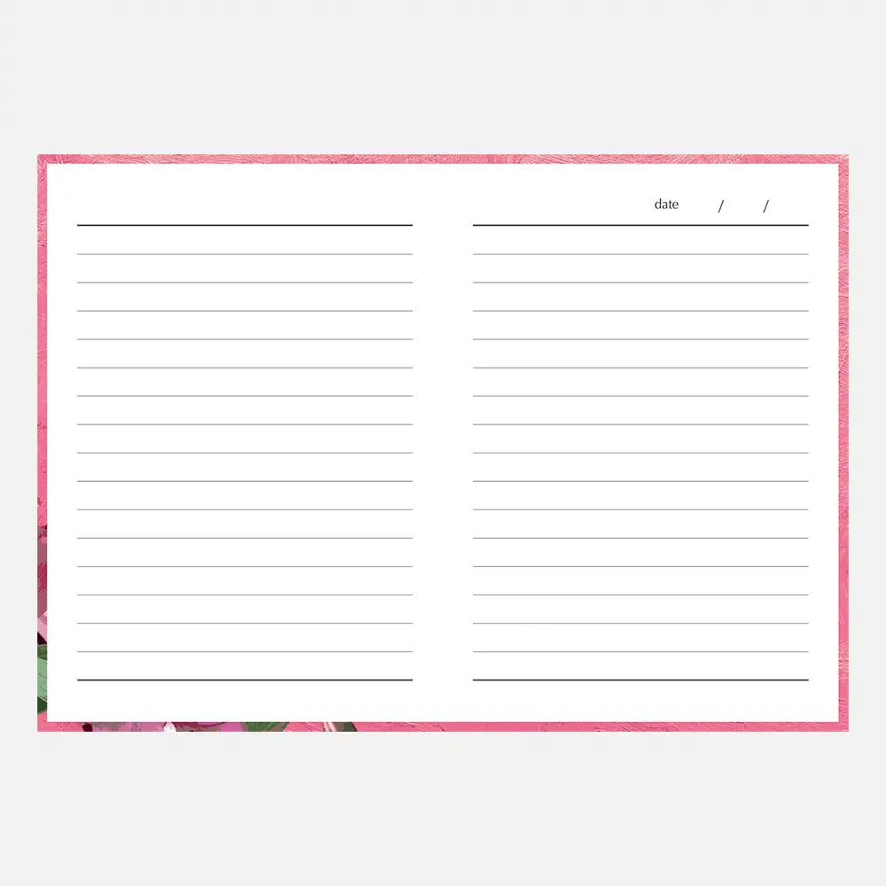 A lined notepad page with a pink glitter-style border and a small floral accent along the bottom left edge, shown on a light gray background.