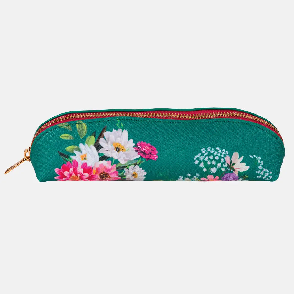 Floral-patterned pencil case on a white background