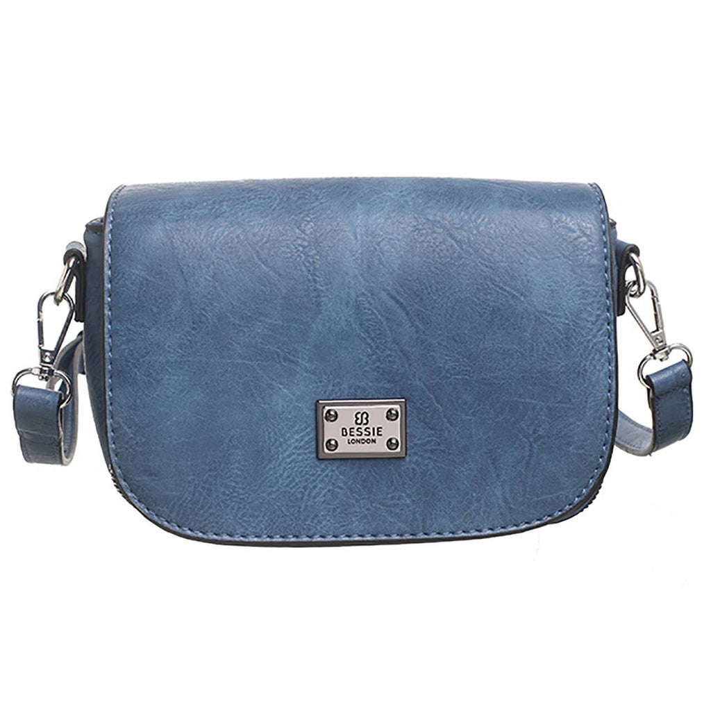 Blue crossbody bag with a flap-over front and silver-tone plaque.plaque