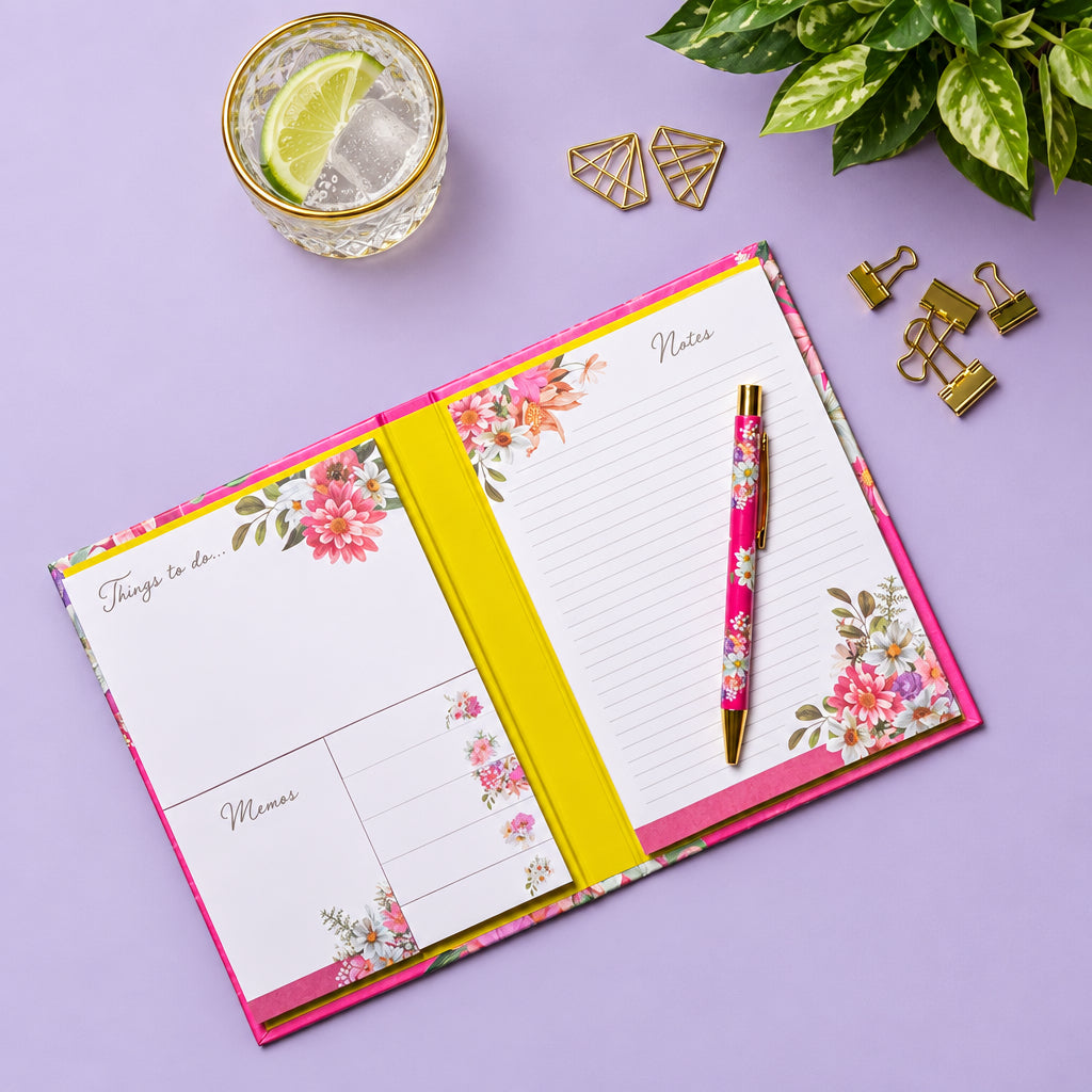 An open floral planner or notebook on a wooden desk, with a pink floral pen placed on the lined page. The notebook has a bright yellow elastic closure, pink and yellow borders, and watercolor-style flowers.