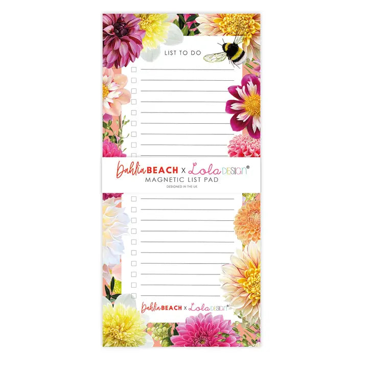Magnetic to-do list pad with lined checkboxes, colourful dahlia flower borders and a bumblebee illustration