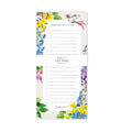 A vertical floral list pad with lined notepad pages, a white paper band across the center, and colorful watercolor flowers and a hummingbird in the corners. The band reads 'Lula Design List Pad' and 'FABULOUS LIST TO DO'.