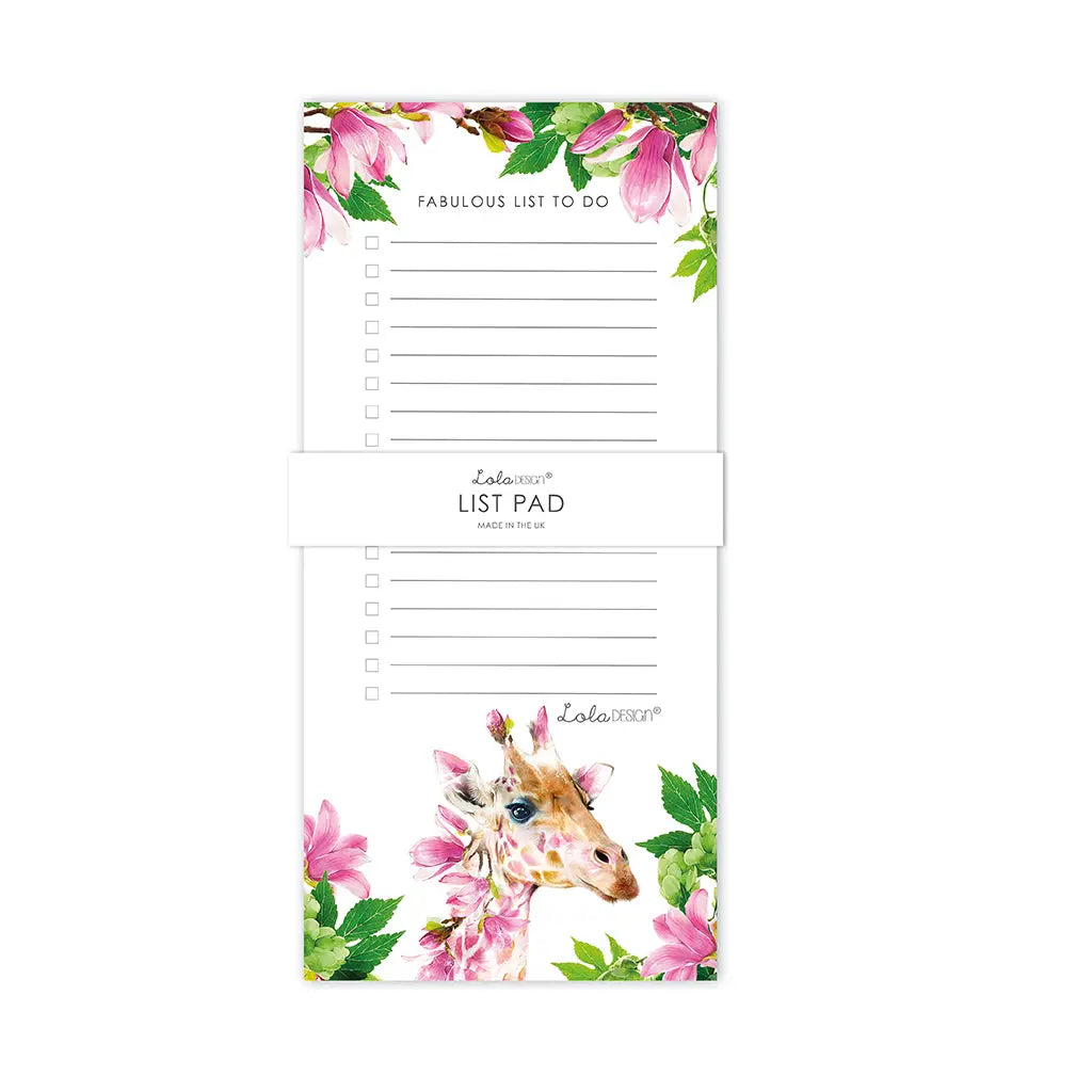 A vertical list pad with a white background and colorful watercolor floral and giraffe illustrations. The pad includes a top section labeled 'FABULOUS LIST TO DO' with lined checkboxes, a central white band reading 'Lalaland LIST PAD', and a lower section featuring a giraffe surrounded by pink flowers and green leaves.