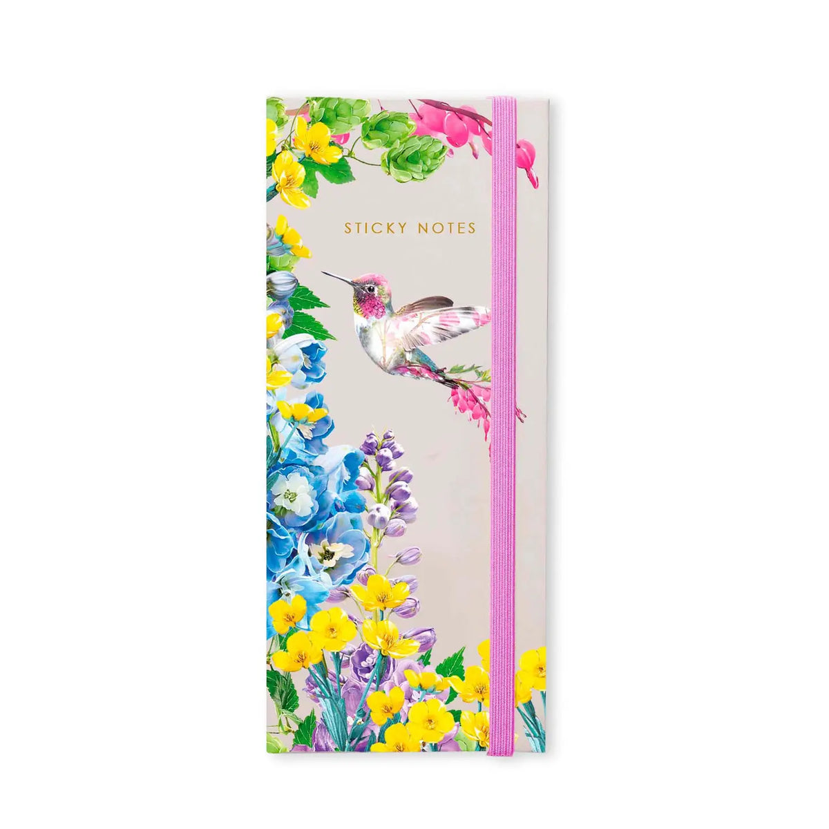 A vertical sticky notes notebook with a floral and hummingbird illustration on a light beige cover, featuring a pink elastic closure band and the words 'STICKY NOTES' printed near the top.