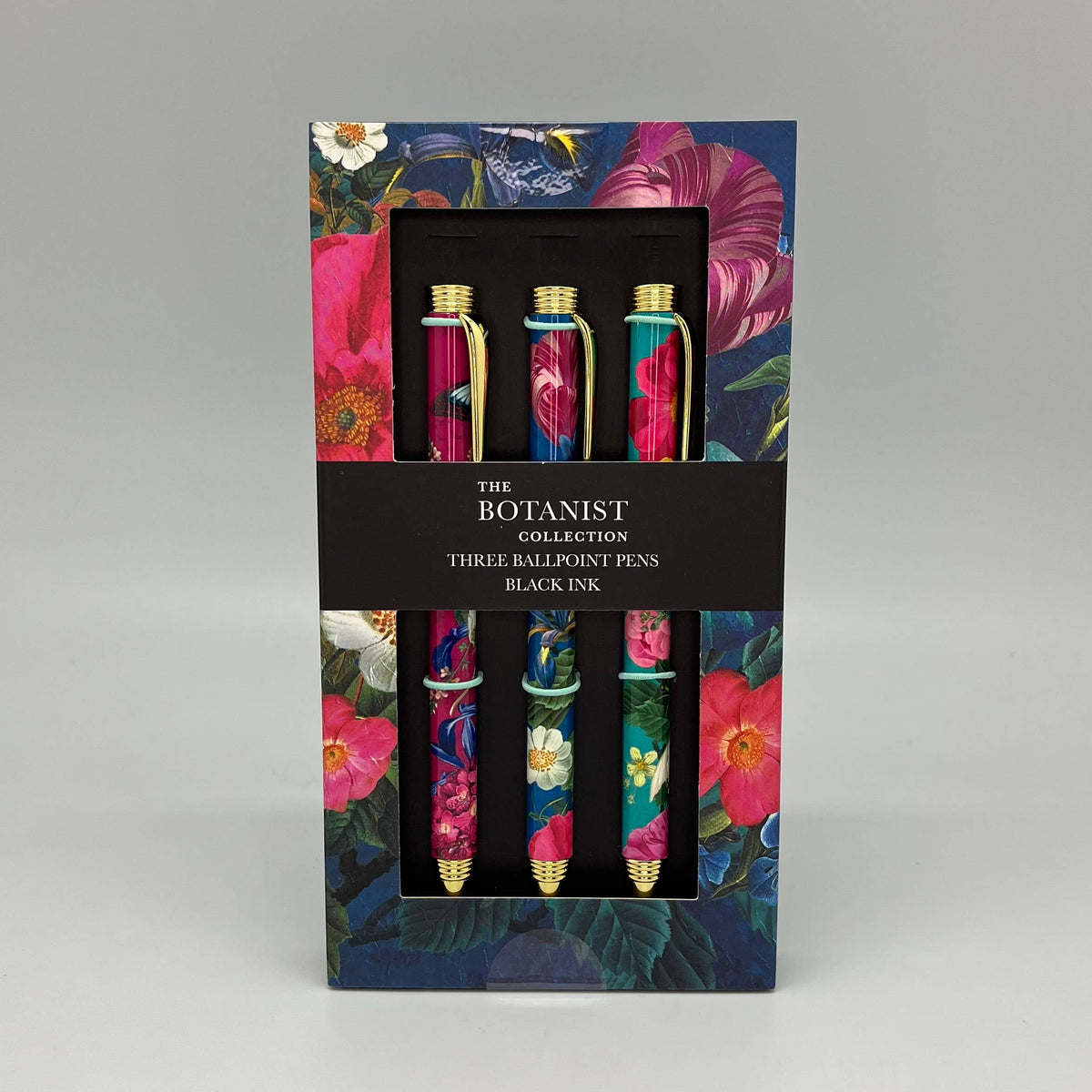 The Great British Card Company Deluxe Botanical Midnight Floral Ballpoint Pens Set – Box of 3