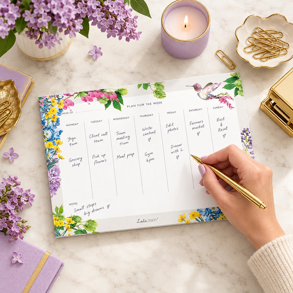 Botanical Hummingbird A4 weekly planner pad.