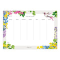 Weekly planner notepad with space for each day, colourful floral borders and a hummingbird at the top right