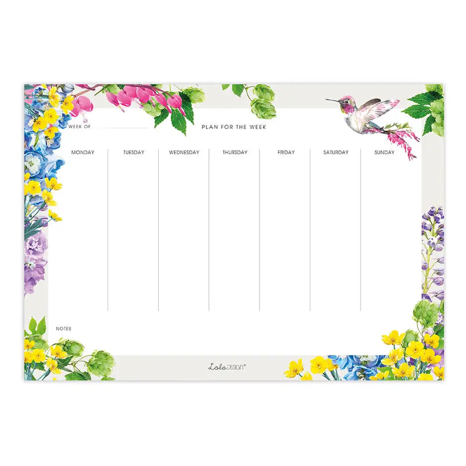 Weekly planner notepad with space for each day, colourful floral borders and a hummingbird at the top right