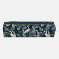 A rectangular zippered pouch featuring a navy blue background with a detailed pattern of white herons, green tropical leaves, and a gold trellis design along the top edge.