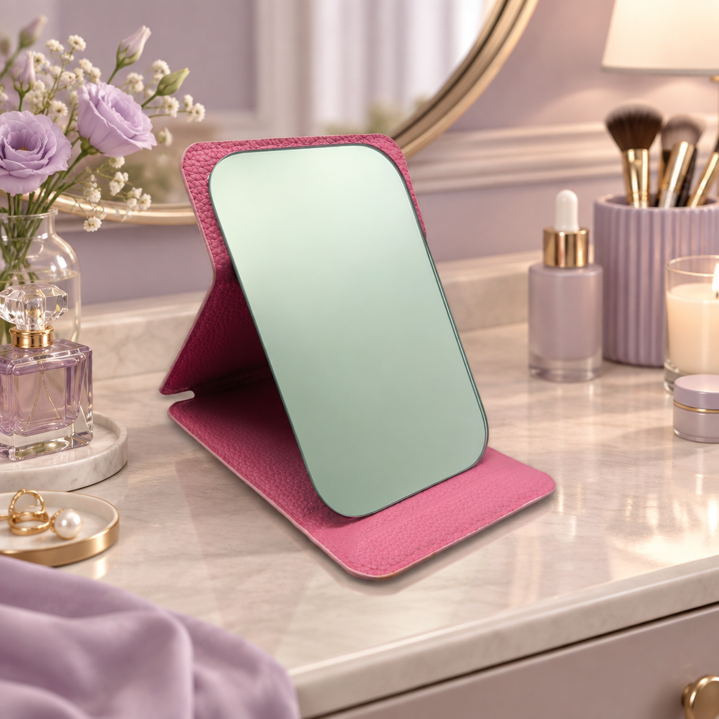 A pink textured faux-leather folio case with an integrated rectangular mirror, shown standing open on a white background.