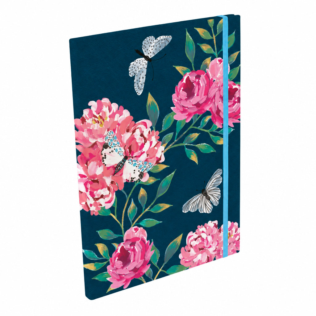 A hardcover notebook with a dark teal cover decorated with pink peony flowers and white butterflies, featuring a light blue elastic closure band, shown on a light gray background.