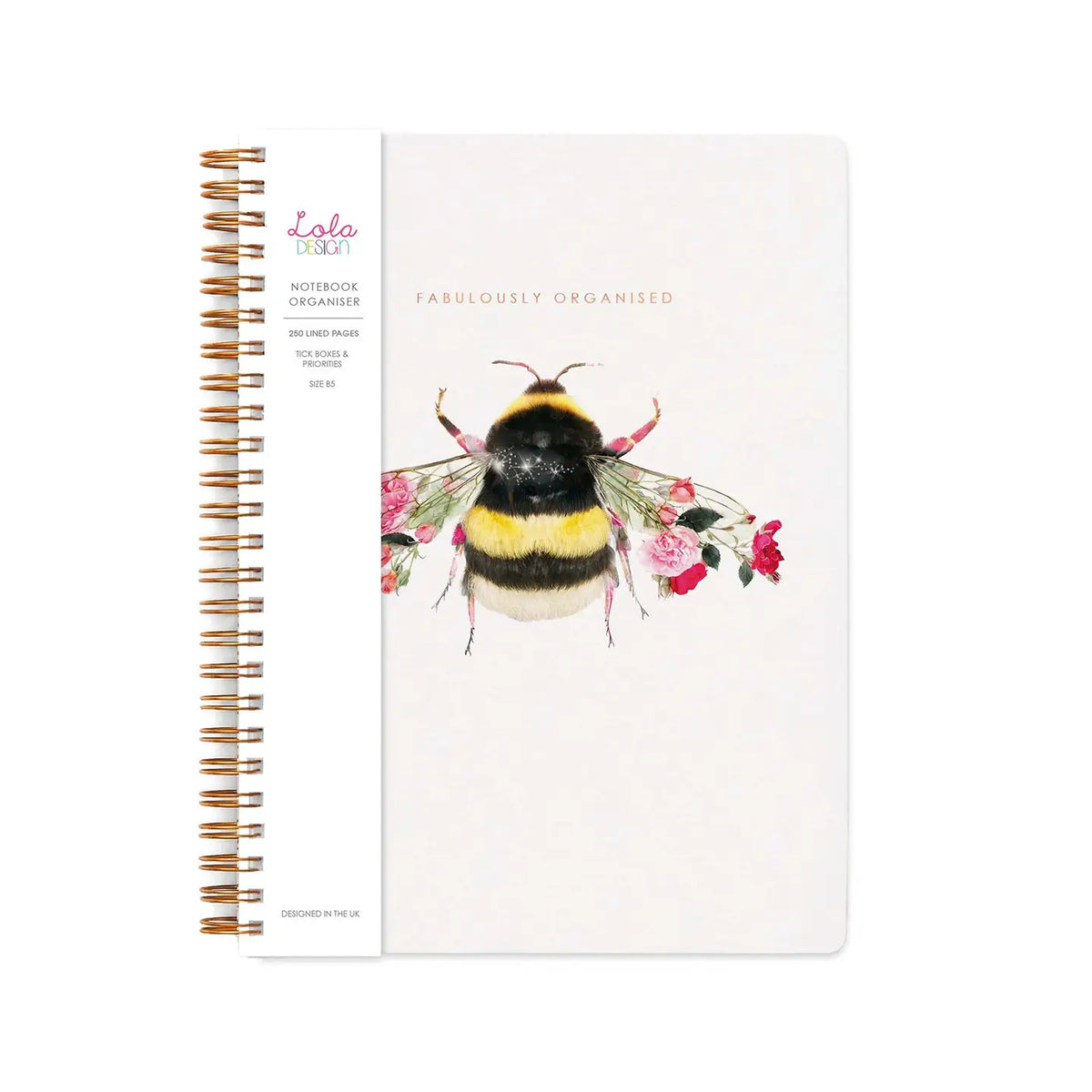 Spiral-bound notebook with a white cover featuring a watercolour bumblebee and pink flowers, with gold-toned spiral binding.
