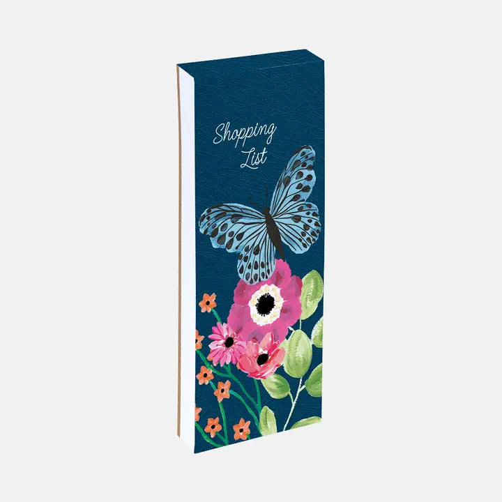 Floral and butterfly design on a blue background with 'Shopping List' text.