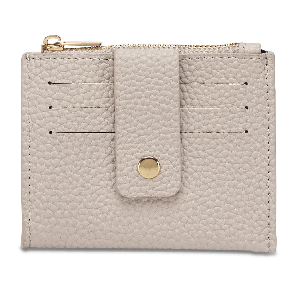 Dune Pearl Duo purse with front card slots, a press-stud security tab and gold-tone zip