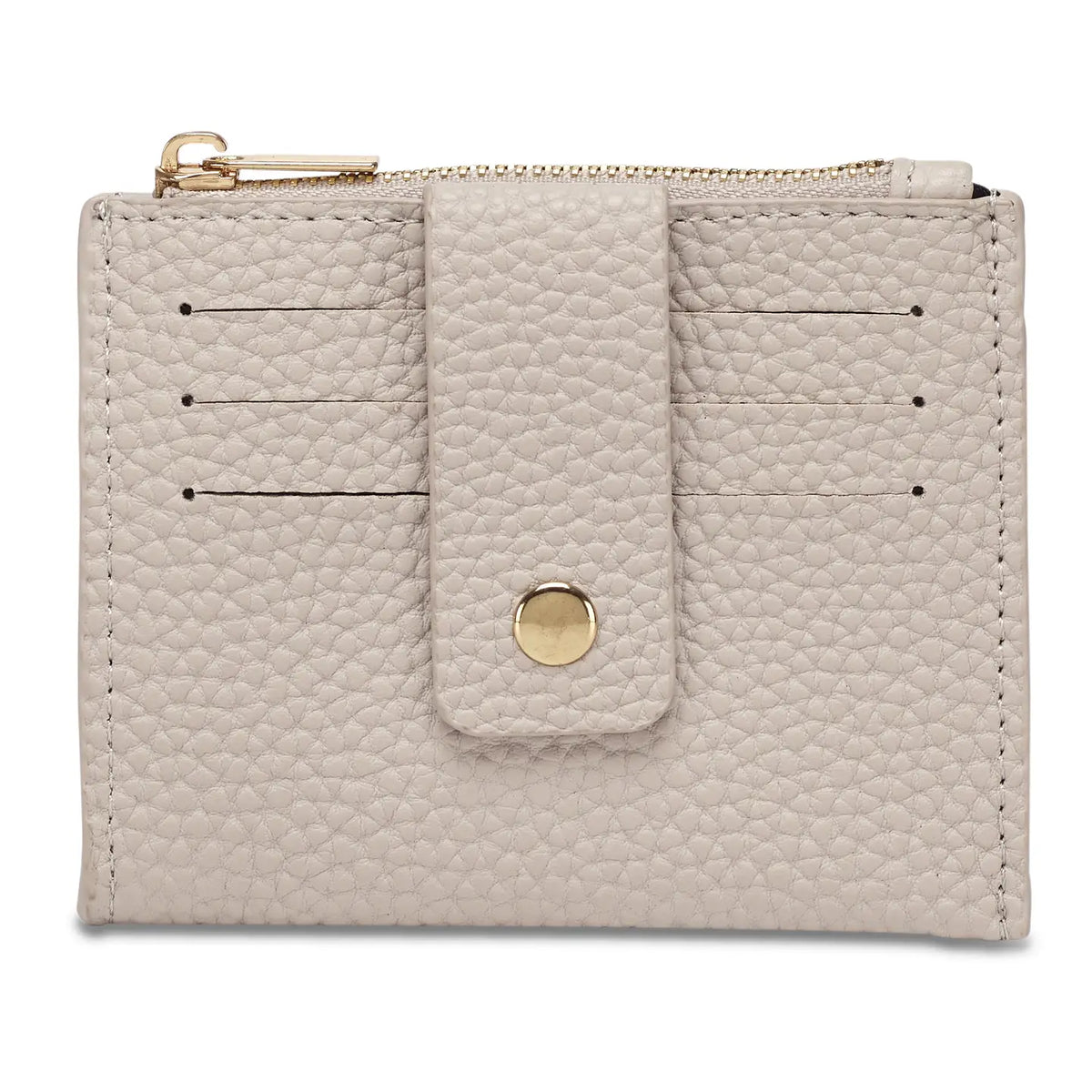 Dune Pearl Duo purse with front card slots, a press-stud security tab and gold-tone zip
