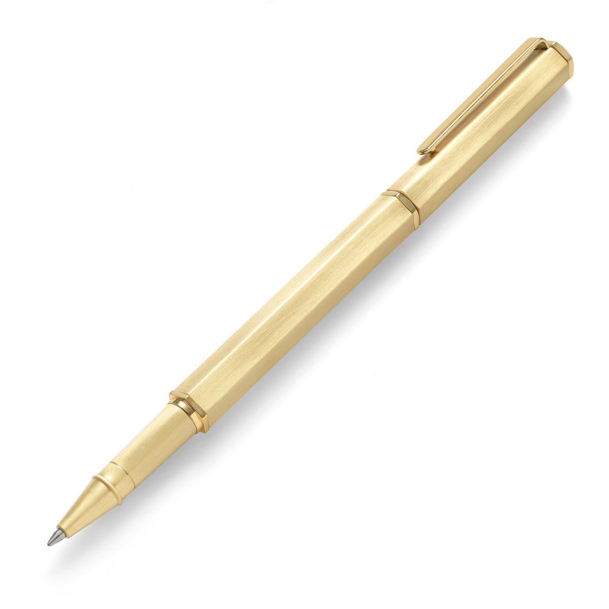 shimmering gold pen on a white background