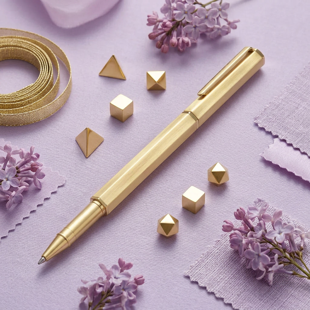 Gold pen on a lilac desk with gold and ribbon and lilac flowers 