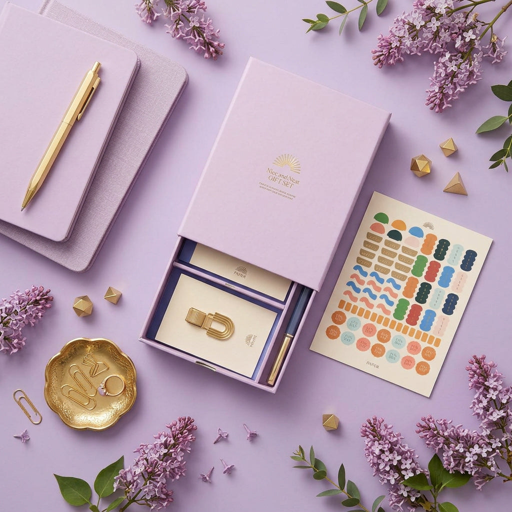 A lavender gift set box with its drawer pulled open, showing a gold ring and stationery inside, alongside a sheet of colorful stickers on a light beige background.