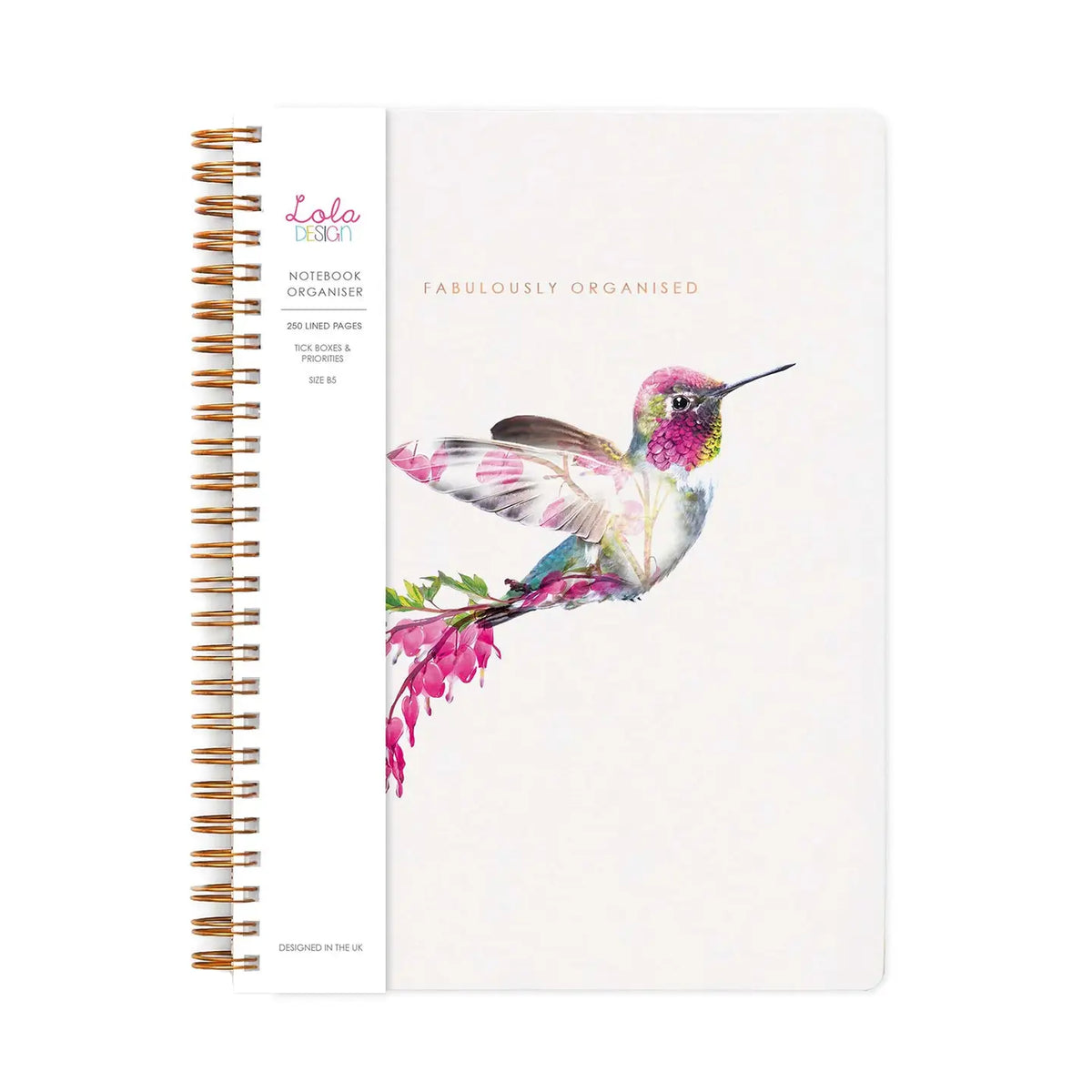 Spiral-bound notebook with a white cover featuring a colourful hummingbird and pink flowers.