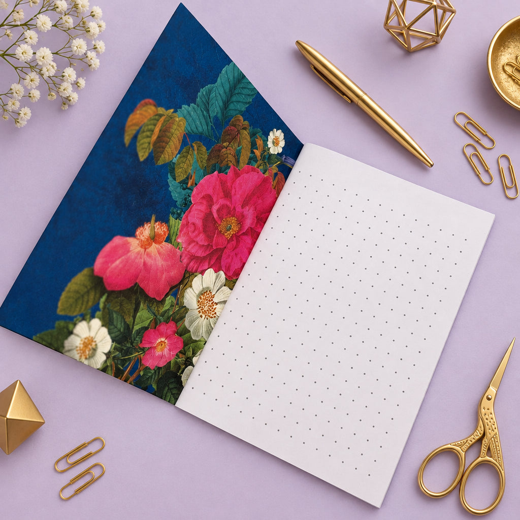 An open notebook or journal lying on a light gray surface. The left page has a dark blue cover decorated with large pink and white flowers and green leaves.